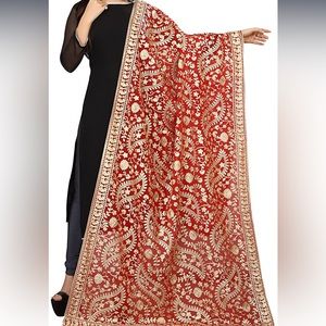 Women's Pure Georgette Embroidered Dupatta- Red